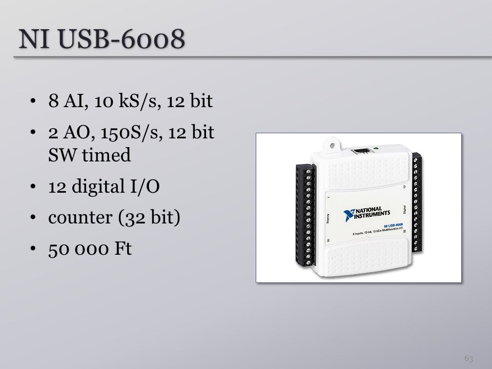 NI USB AI, 10 kS/s, 12 bit 2 AO, 150S/s, 12 bit SW timed