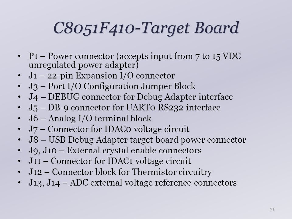 C8051F410-Target Board P1 – Power connector (accepts input from 7 to 15 VDC unregulated power adapter)