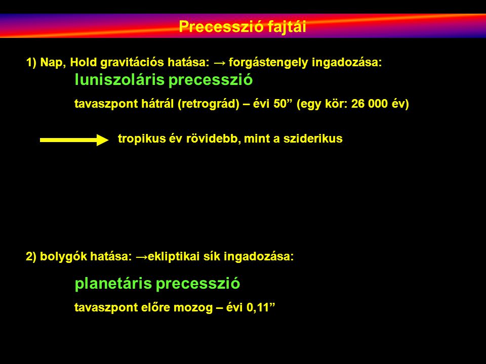 Precesszió fajtái 1) Nap, Hold gravitációs hatása: → forgástengely ingadozása: luniszoláris precesszió.