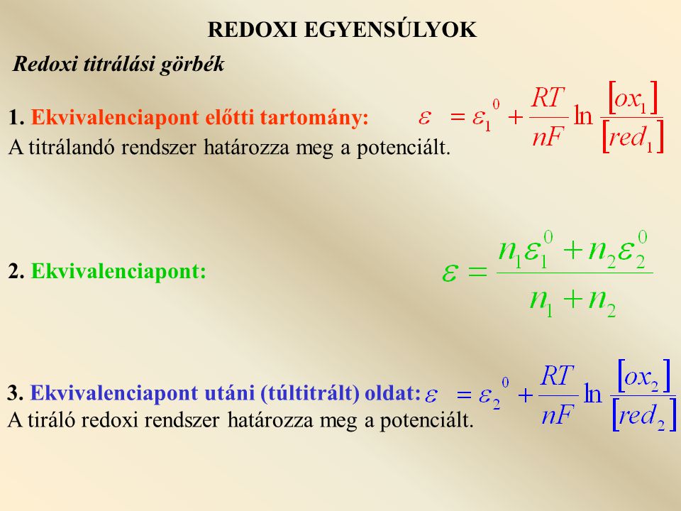 REDOXI EGYENSÚLYOK Redoxi titrálási görbék. 1. Ekvivalenciapont előtti tartomány: A titrálandó rendszer határozza meg a potenciált.