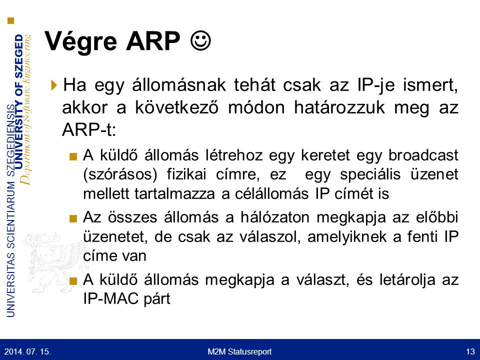 Végre ARP  Ha egy állomásnak tehát csak az IP-je ismert, akkor a következő módon határozzuk meg az ARP-t: