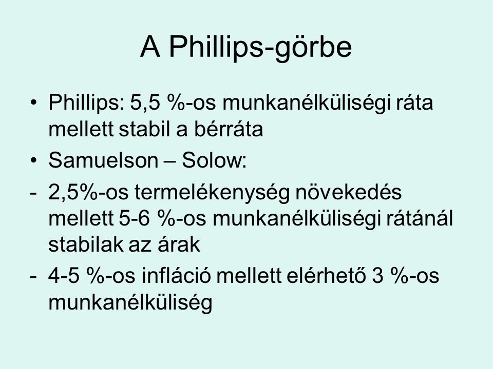 A Phillips-görbe Phillips: 5,5 %-os munkanélküliségi ráta mellett stabil a bérráta. Samuelson – Solow: