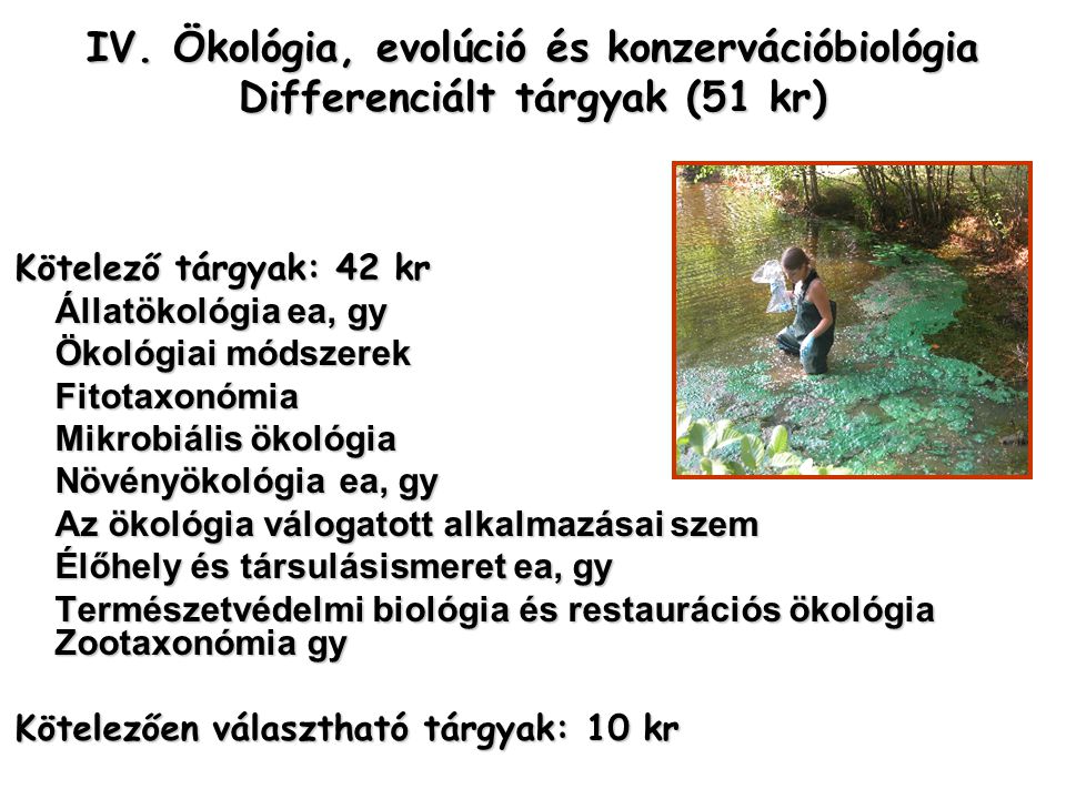 IV. Ökológia, evolúció és konzervációbiológia Differenciált tárgyak (51 kr)