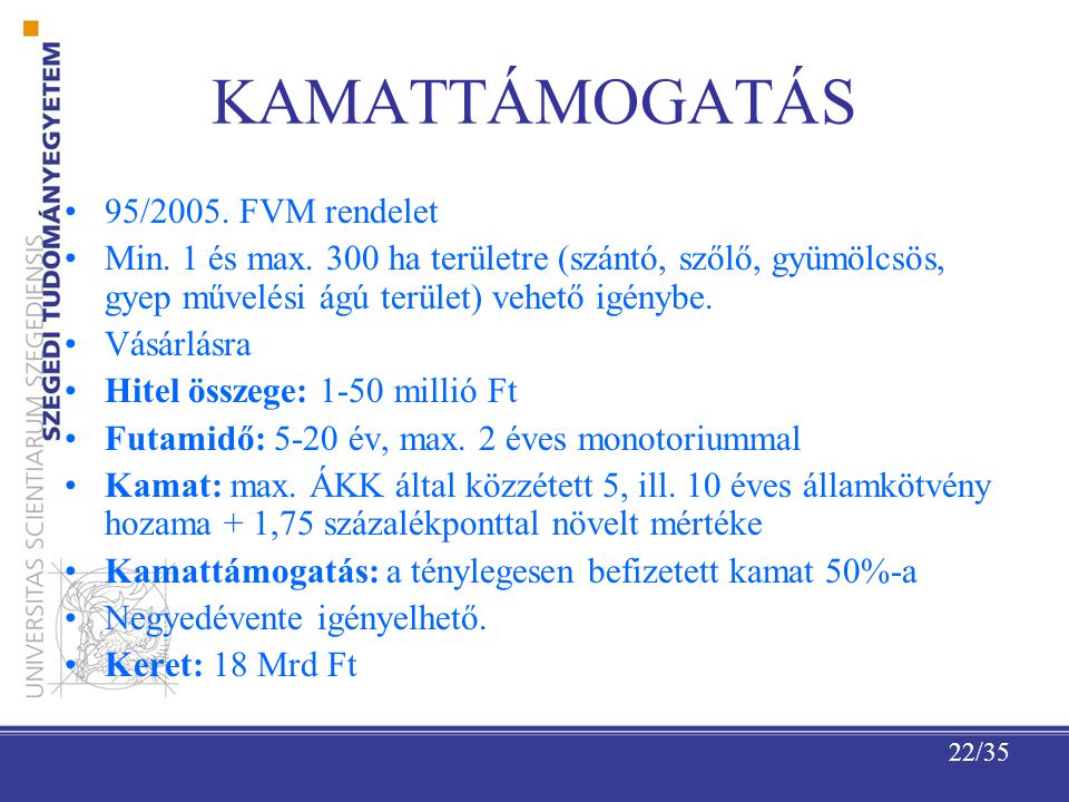 KAMATTÁMOGATÁS 95/2005. FVM rendelet