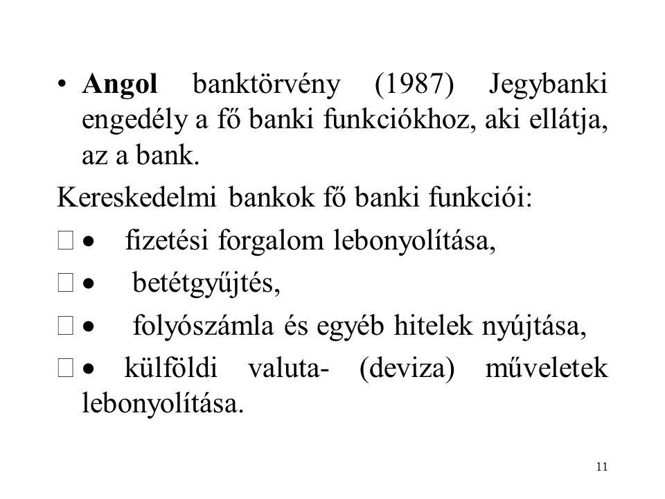 Angol banktörvény (1987) Jegybanki engedély a fő banki funkciókhoz, aki ellátja, az a bank.