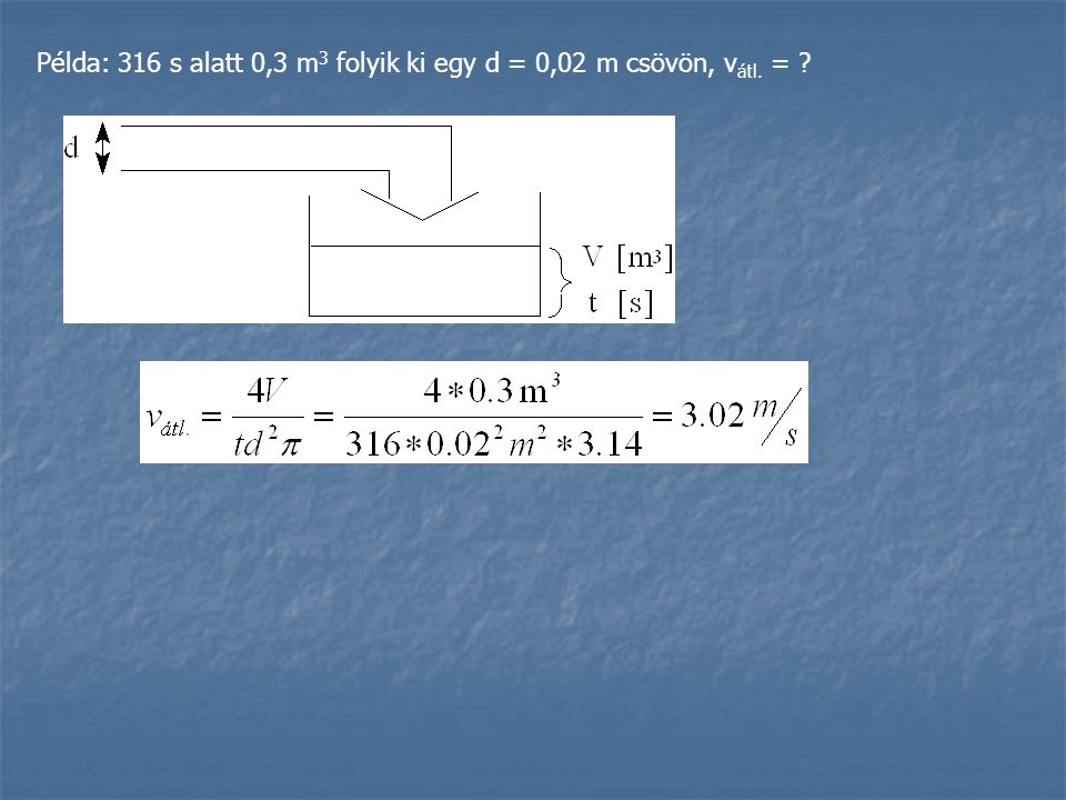 Példa: 316 s alatt 0,3 m3 folyik ki egy d = 0,02 m csövön, vátl. =