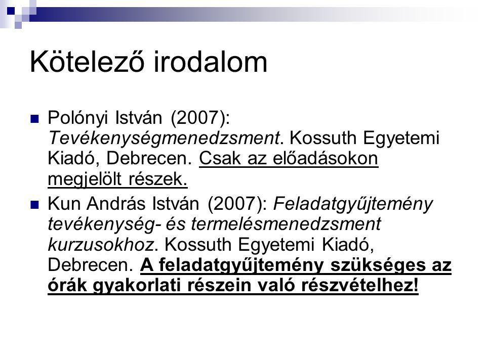 Kötelező irodalom Polónyi István (2007): Tevékenységmenedzsment. Kossuth Egyetemi Kiadó, Debrecen. Csak az előadásokon megjelölt részek.