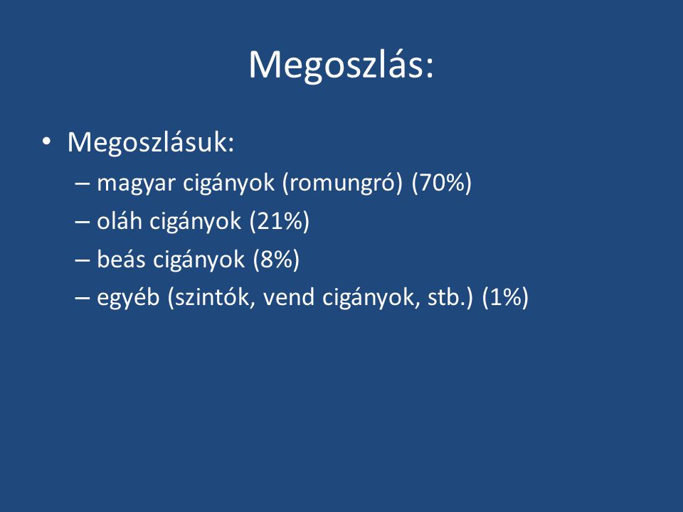 Megoszlás: Megoszlásuk: magyar cigányok (romungró) (70%)