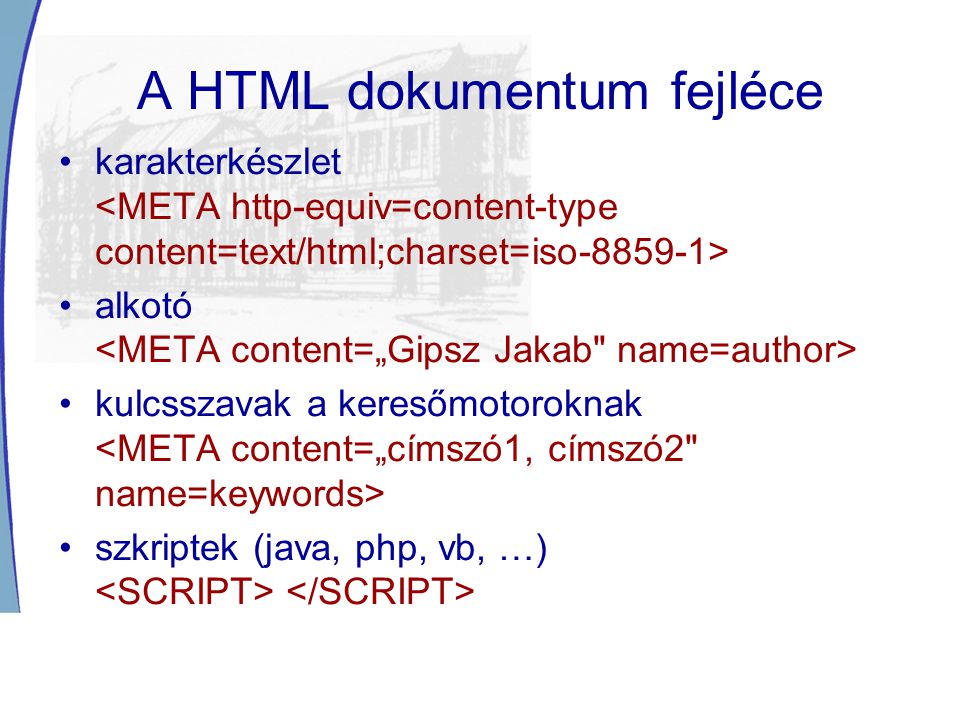 A HTML dokumentum fejléce