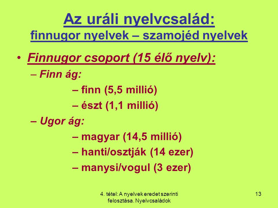 Az uráli nyelvcsalád: finnugor nyelvek – szamojéd nyelvek