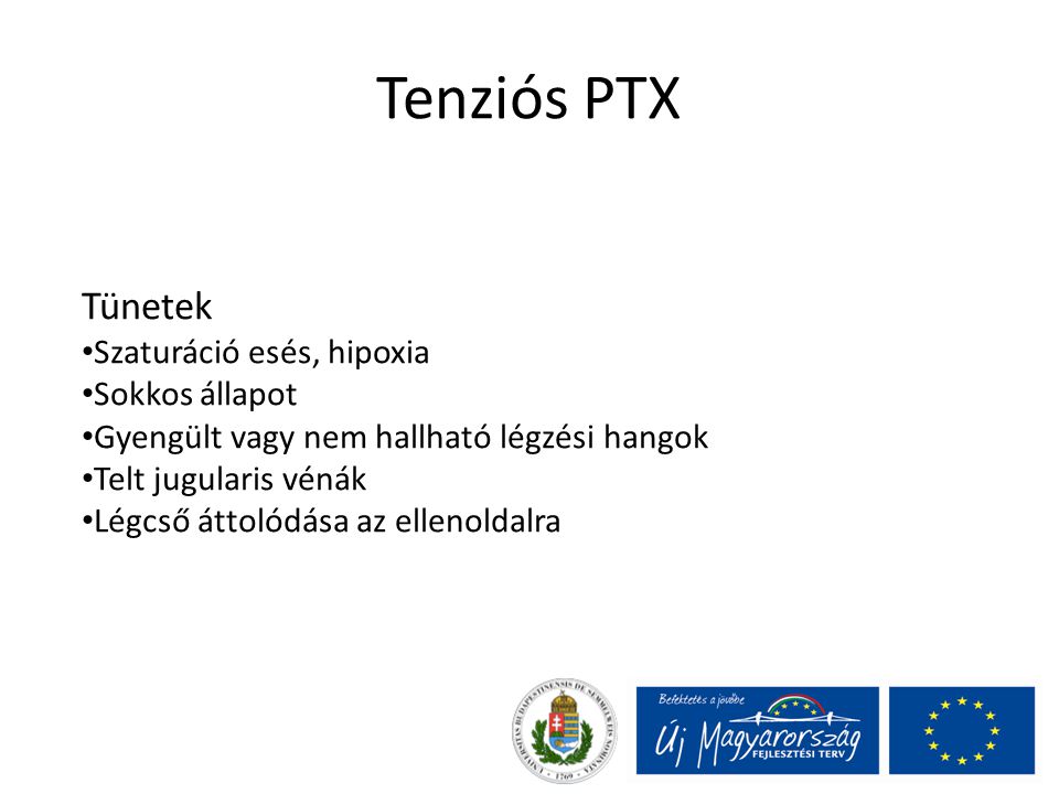 Tenziós PTX Tünetek Szaturáció esés, hipoxia Sokkos állapot