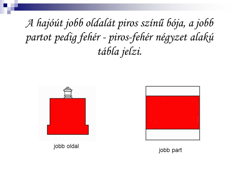 A hajóút jobb oldalát piros színű bója, a jobb partot pedig fehér - piros-fehér négyzet alakú tábla jelzi.
