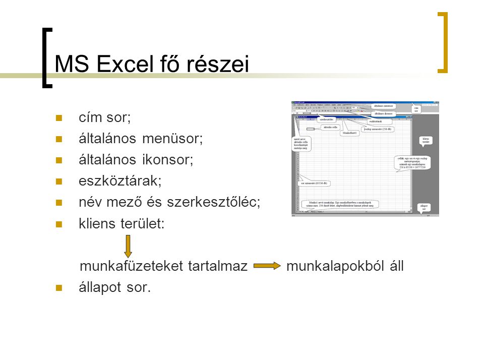 MS Excel fő részei cím sor; általános menüsor; általános ikonsor;