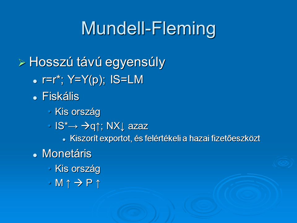 Mundell-Fleming Hosszú távú egyensúly r=r*; Y=Y(p); IS=LM Fiskális