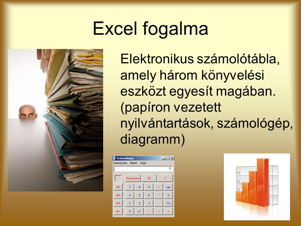 Excel fogalma Elektronikus számolótábla, amely három könyvelési eszközt egyesít magában.
