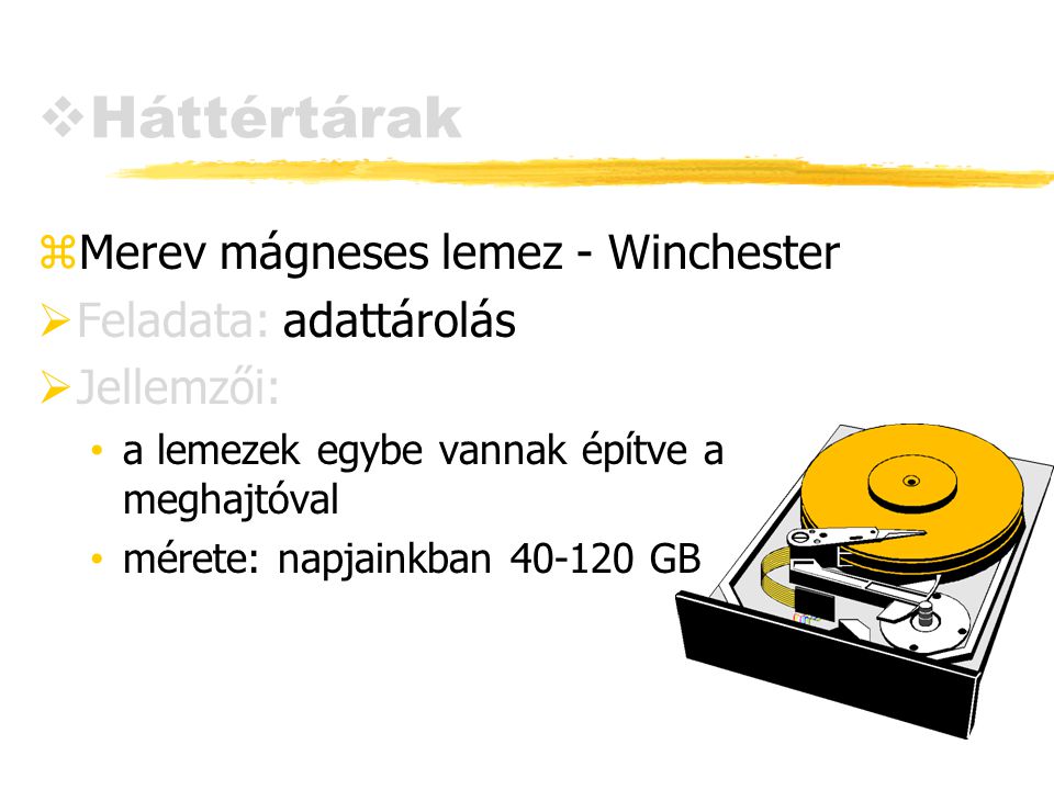 Háttértárak Merev mágneses lemez - Winchester Feladata: adattárolás