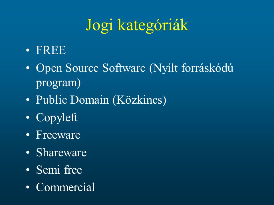 Jogi kategóriák FREE Open Source Software (Nyílt forráskódú program)