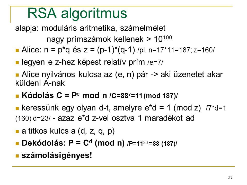 RSA algoritmus alapja: moduláris aritmetika, számelmélet