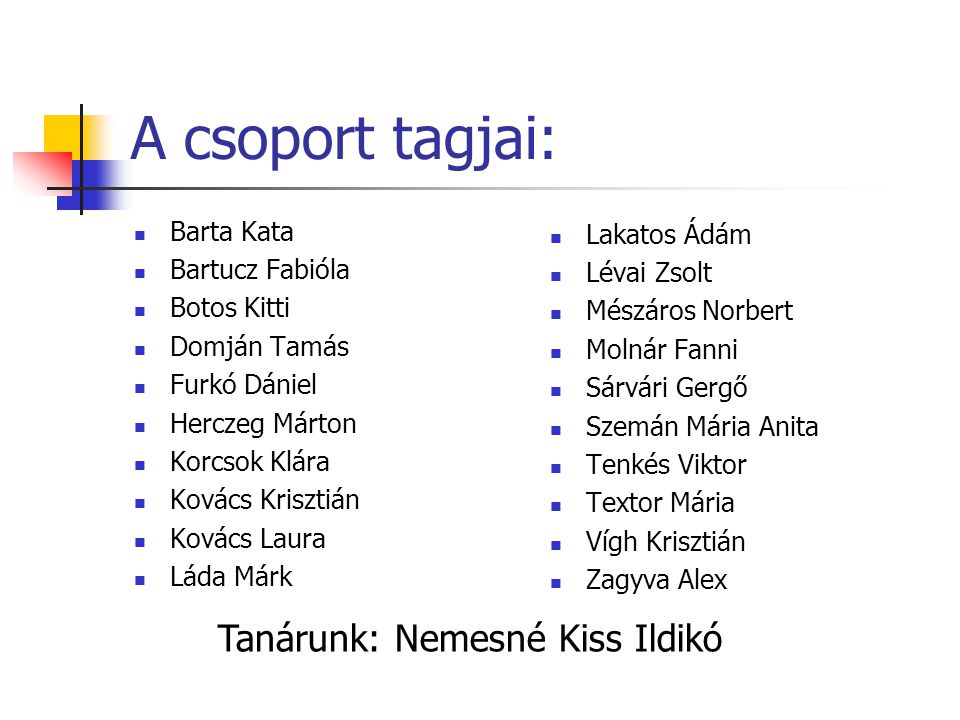 A csoport tagjai: Tanárunk: Nemesné Kiss Ildikó Barta Kata