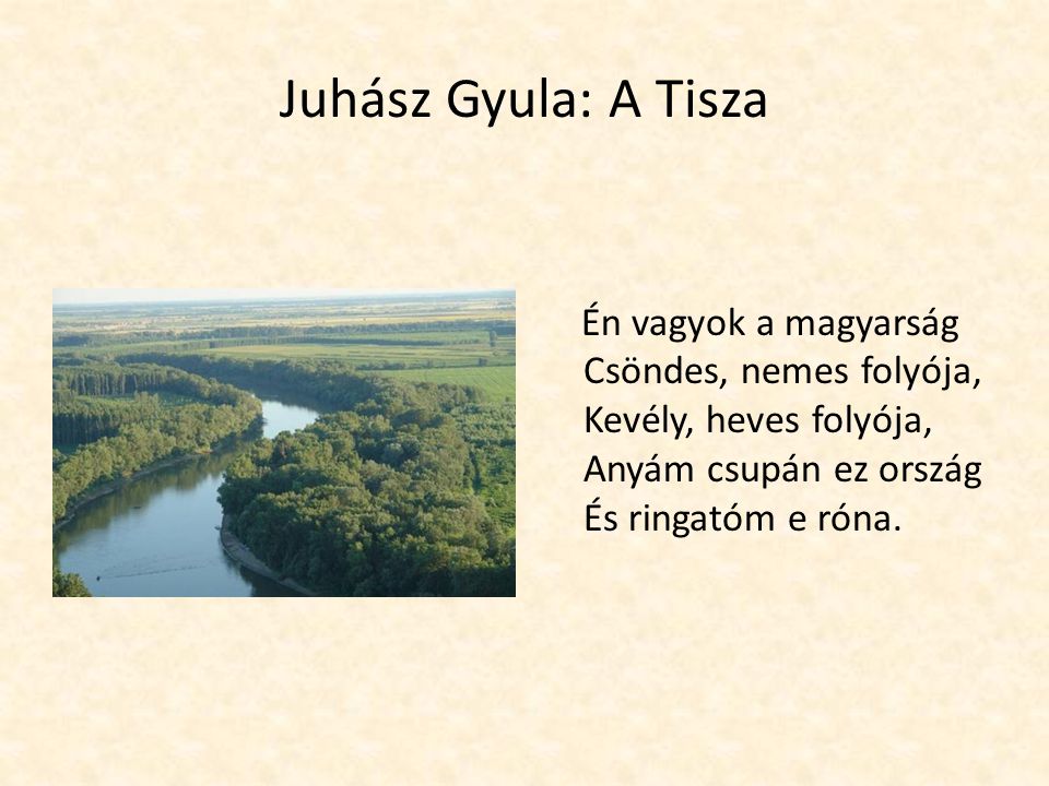 Juhász Gyula: A Tisza Én vagyok a magyarság Csöndes, nemes folyója, Kevély, heves folyója, Anyám csupán ez ország És ringatóm e róna.
