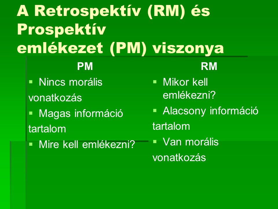 A Retrospektív (RM) és Prospektív emlékezet (PM) viszonya