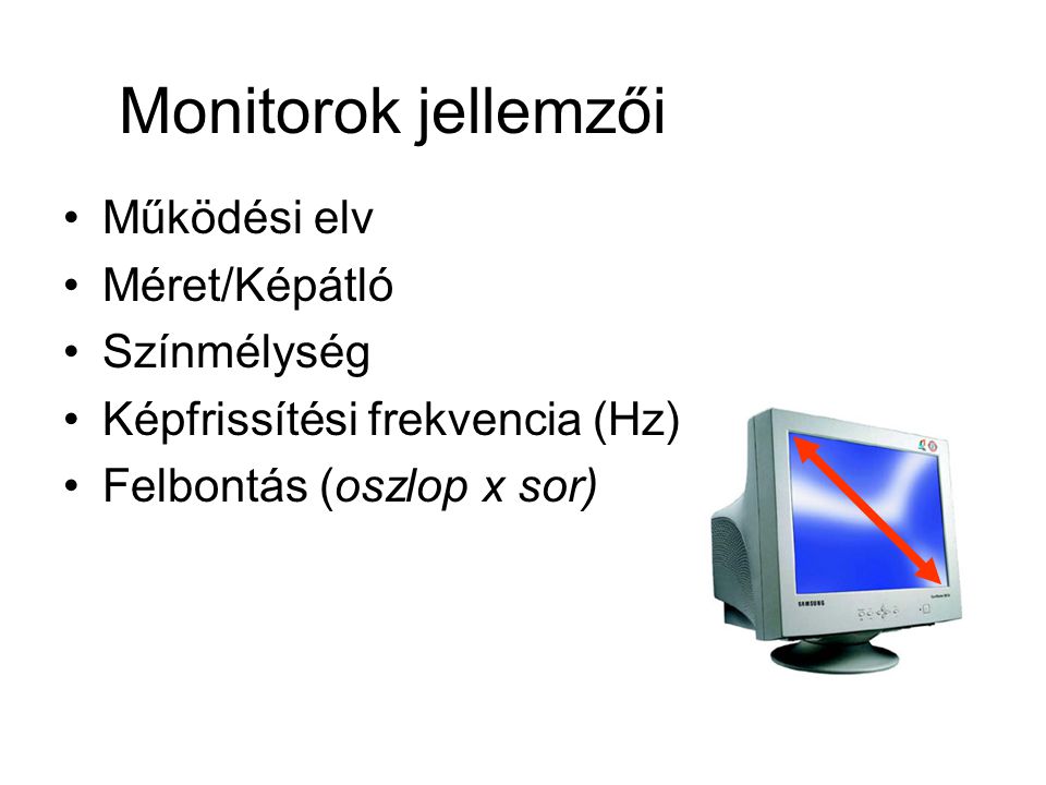 Monitorok jellemzői Működési elv Méret/Képátló Színmélység