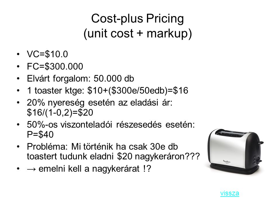 Cost-plus Pricing (unit cost + markup)