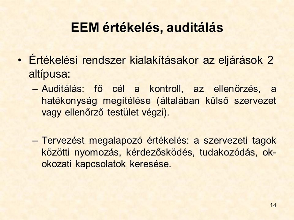 EEM értékelés, auditálás