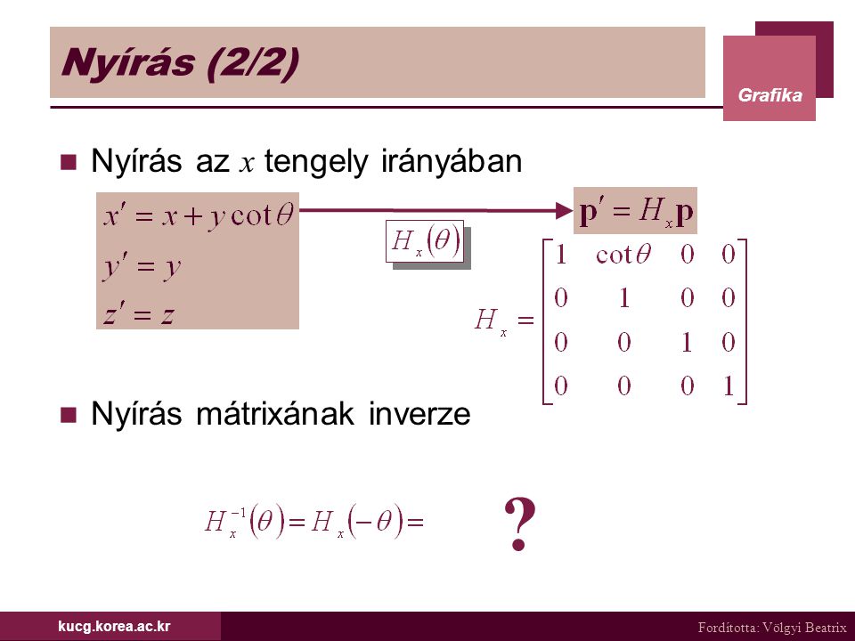 Nyírás (2/2) Nyírás az x tengely irányában Nyírás mátrixának inverze