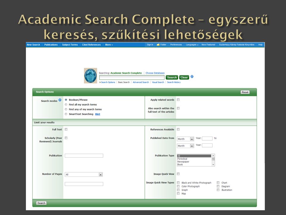 Academic Search Complete – egyszerű keresés, szűkítési lehetőségek