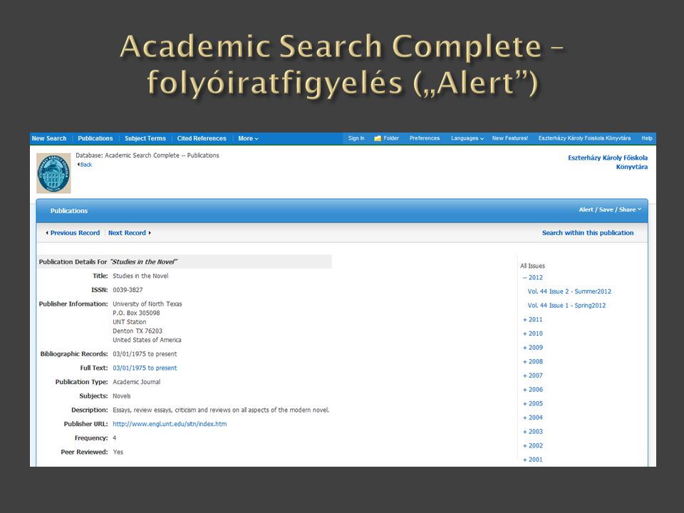 Academic Search Complete – folyóiratfigyelés („Alert )