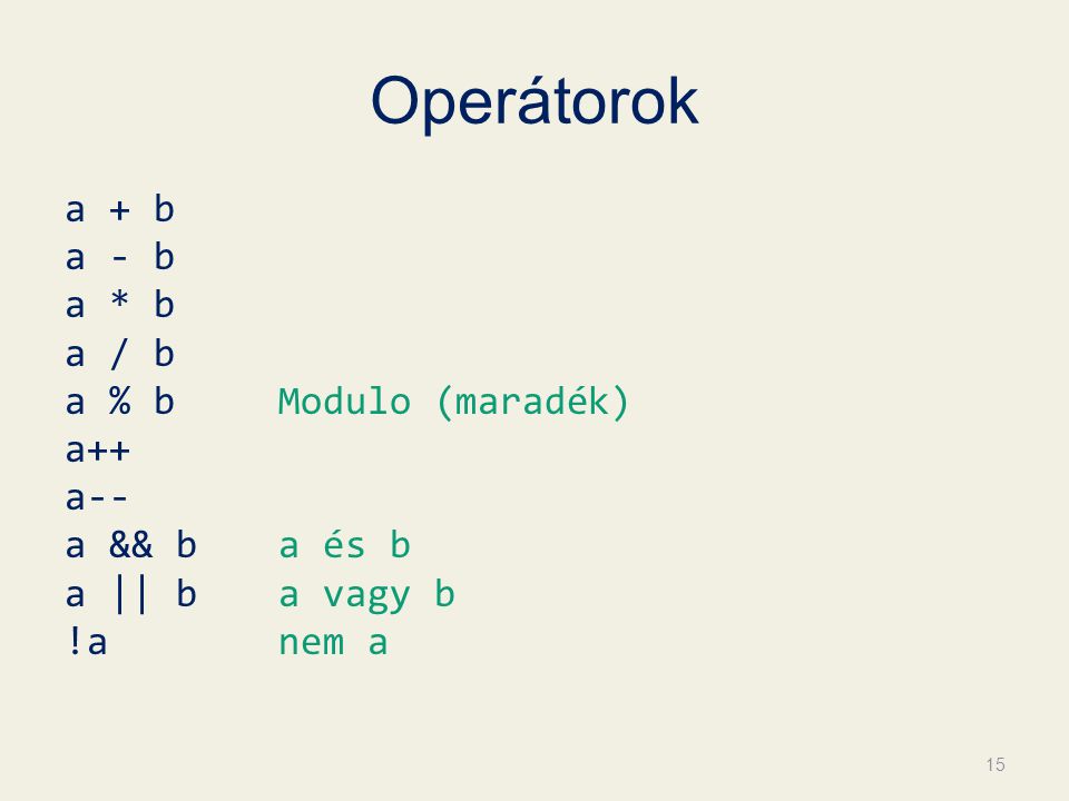 Operátorok a + b a - b a * b a / b a % b Modulo (maradék) a++ a-- a && b a és b a || b a vagy b !a nem a
