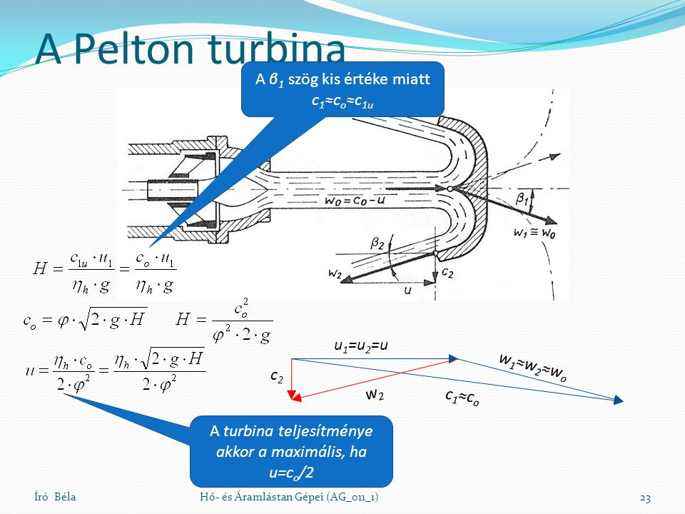 A Pelton turbina A β1 szög kis értéke miatt c1≈co≈c1u u1=u2=u w1≈w2≈wo