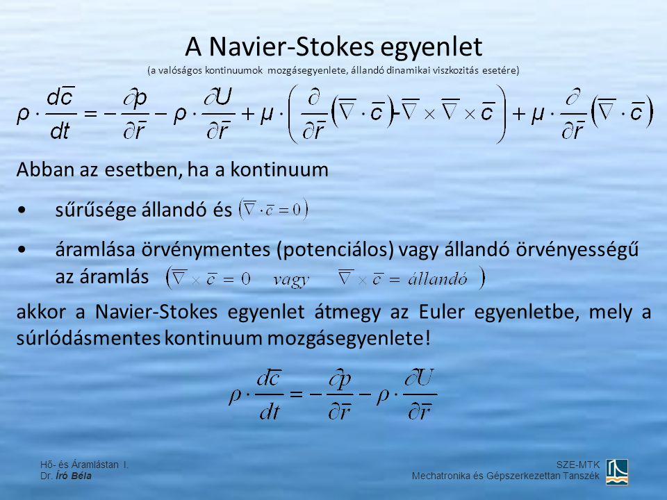 A Navier-Stokes egyenlet (a valóságos kontinuumok mozgásegyenlete, állandó dinamikai viszkozitás esetére)