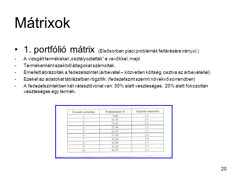 Mátrixok 1. portfólió mátrix (Elsősorban piaci problémák feltárására irányul.) A vizsgált termékeket „osztályoztatták a vevőkkel, majd.
