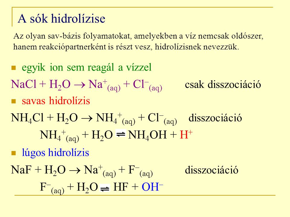 A sók hidrolízise NaCl + H2O  Na+(aq) + Cl(aq) csak disszociáció