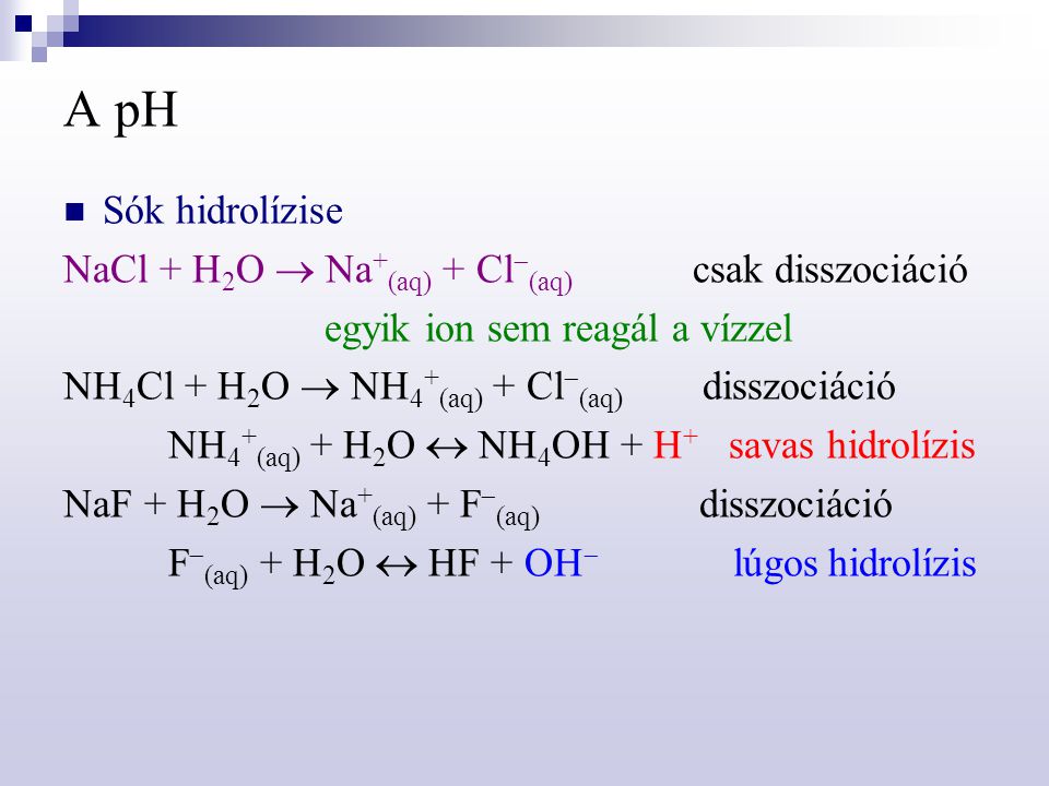 A pH Sók hidrolízise NaCl + H2O  Na+(aq) + Cl(aq) csak disszociáció