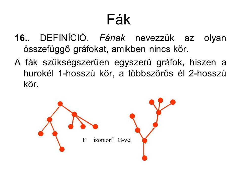 Fák 16.. DEFINÍCIÓ. Fának nevezzük az olyan összefüggő gráfokat, amikben nincs kör.