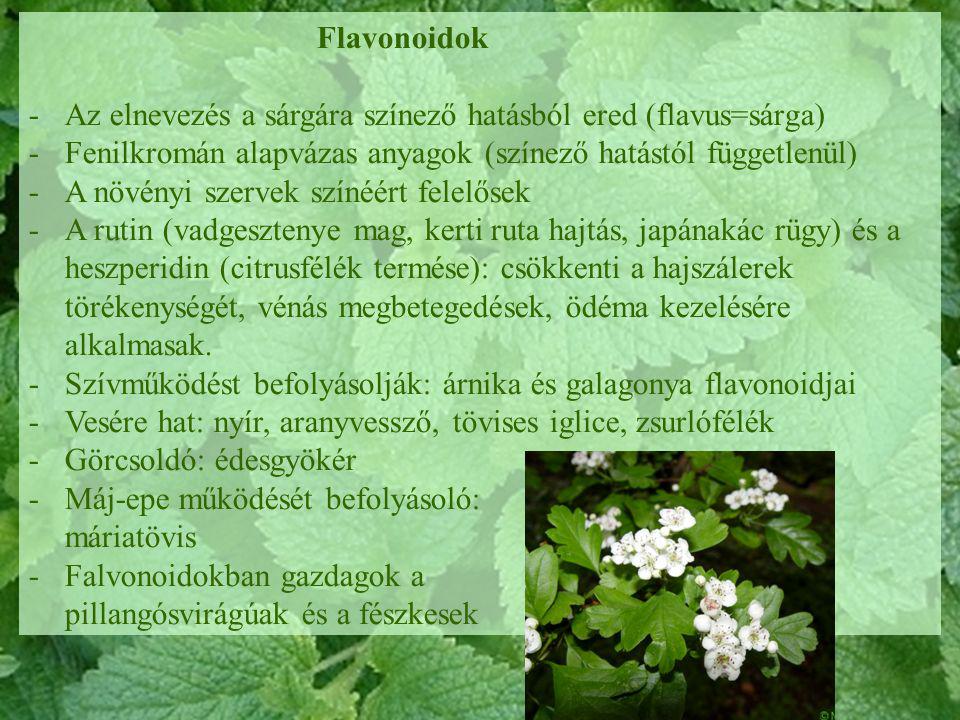Flavonoidok Az elnevezés a sárgára színező hatásból ered (flavus=sárga) Fenilkromán alapvázas anyagok (színező hatástól függetlenül)