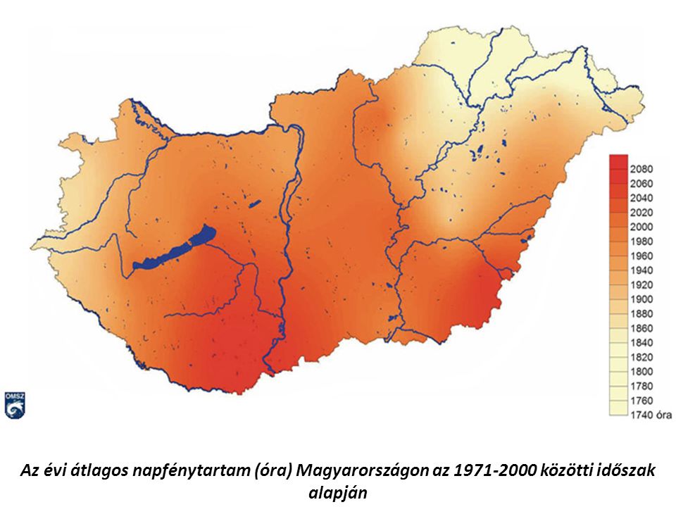Az évi átlagos napfénytartam (óra) Magyarországon az közötti időszak alapján