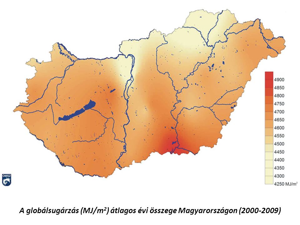 A globálsugárzás (MJ/m2) átlagos évi összege Magyarországon ( )