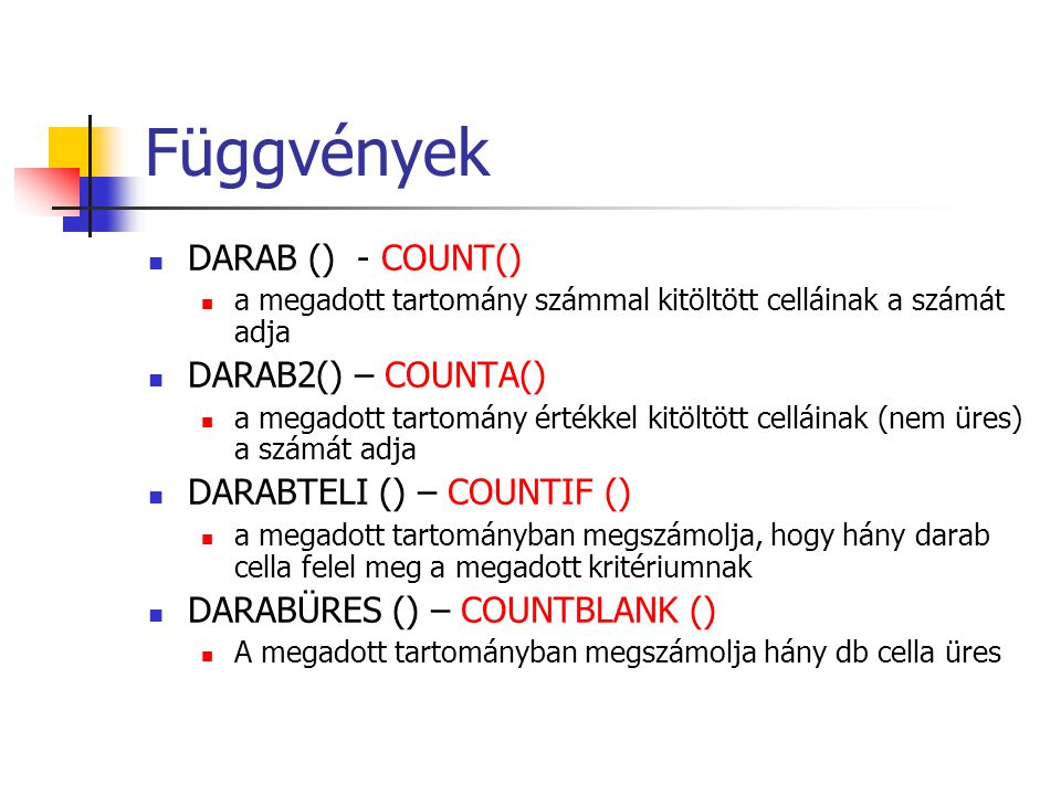 Függvények DARAB () - COUNT() DARAB2() – COUNTA()
