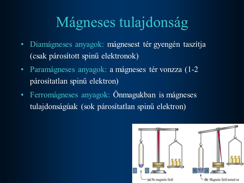 Mágneses tulajdonság Diamágneses anyagok: mágnesest tér gyengén taszítja (csak párosított spinű elektronok)