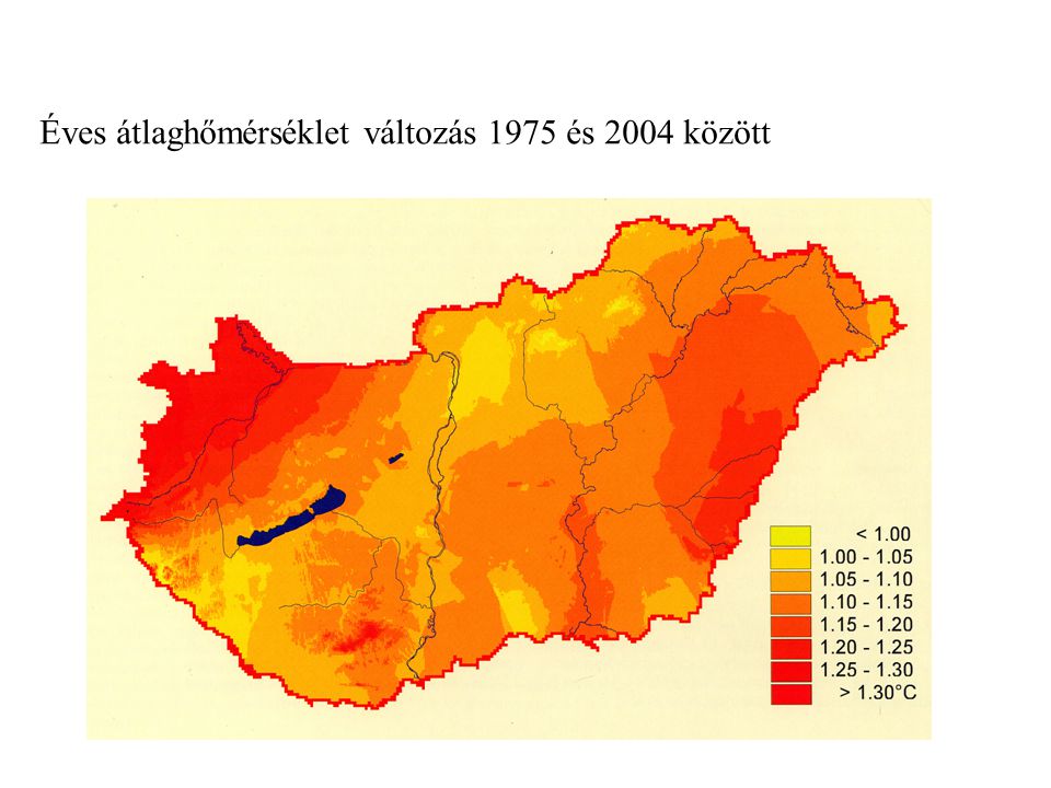 Éves átlaghőmérséklet változás 1975 és 2004 között