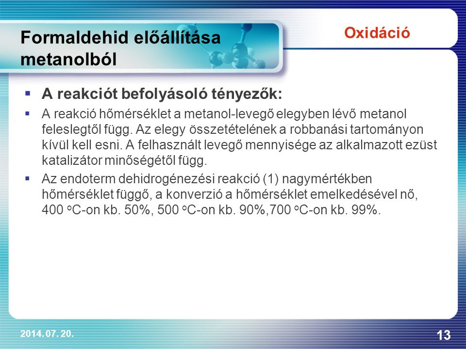 Formaldehid előállítása metanolból