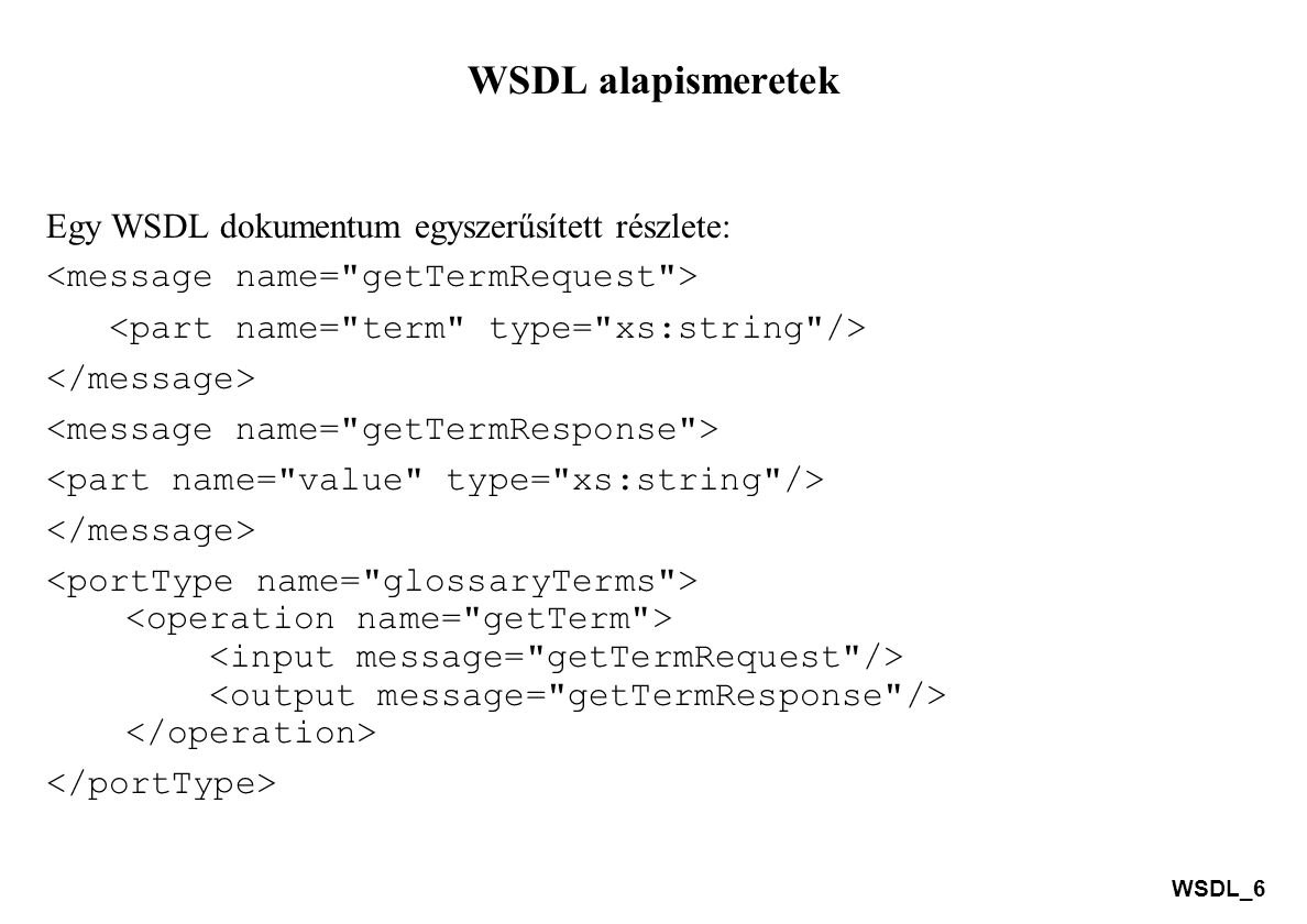WSDL alapismeretek Egy WSDL dokumentum egyszerűsített részlete: