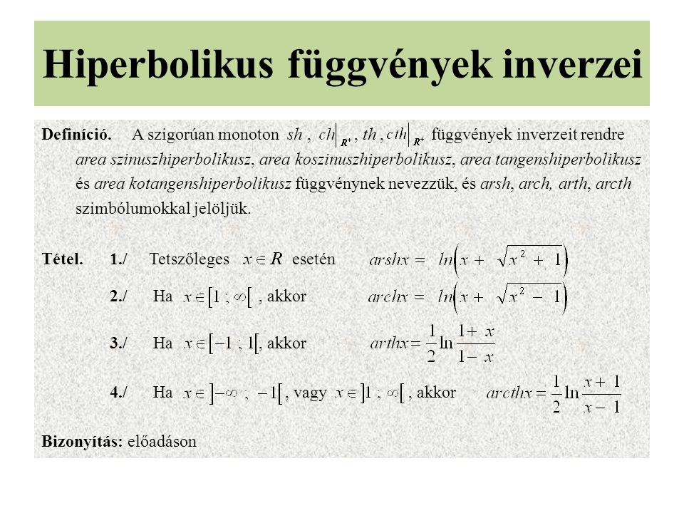 Hiperbolikus függvények inverzei