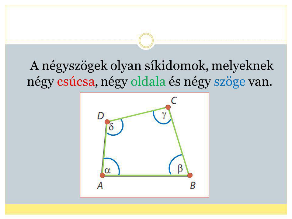 A négyszögek olyan síkidomok, melyeknek négy csúcsa, négy oldala és négy szöge van.