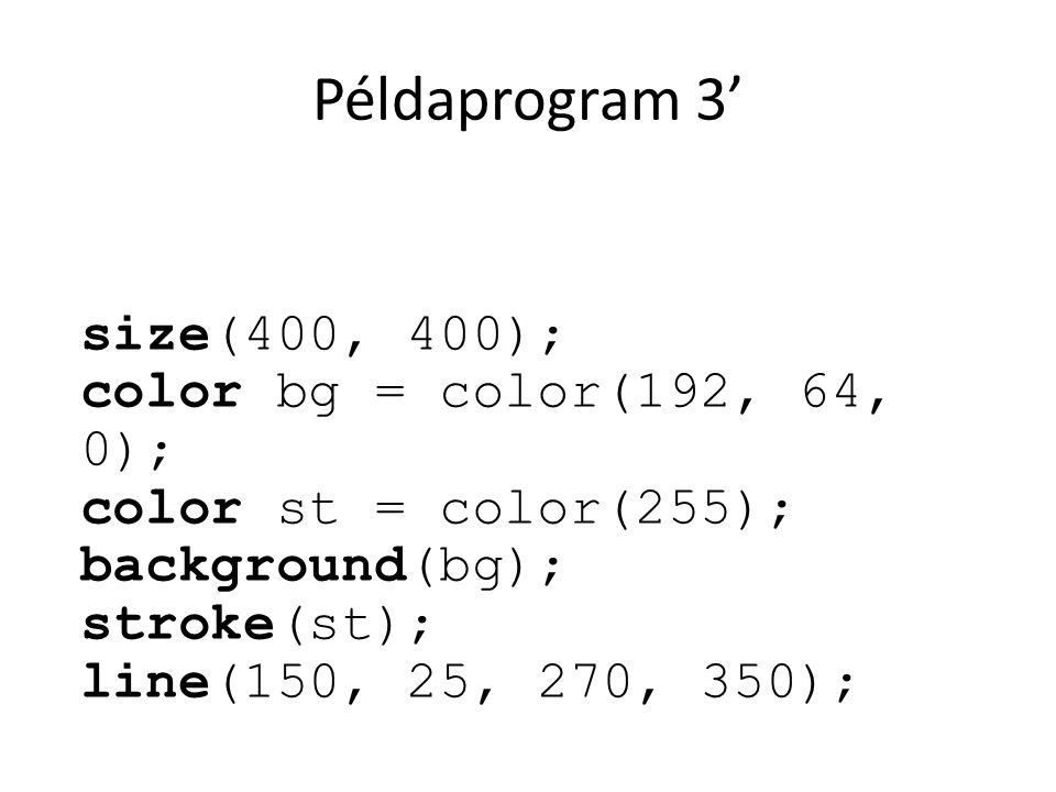 Példaprogram 3’ size(400, 400); color bg = color(192, 64, 0);