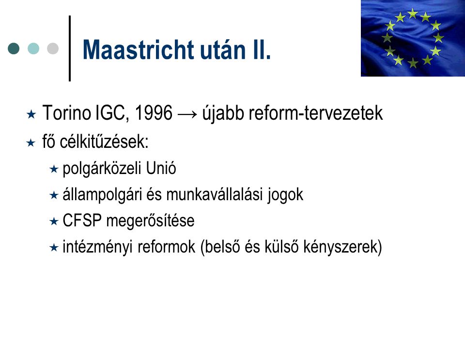 Maastricht után II. Torino IGC, 1996 → újabb reform-tervezetek